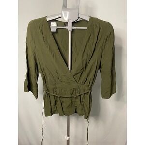 Topshop Women's Olive‎ Green 3/4 Sleeve Wrap Top Blouse Size US 6 UK 10